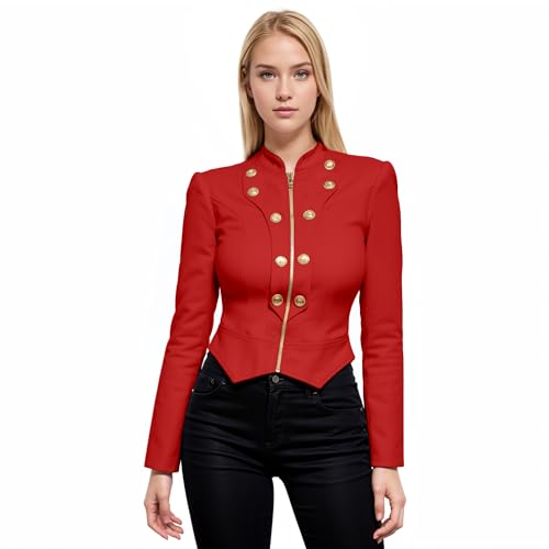 Hybrid & Company Women's Fashion Military Crop Premium Ultra Stretch Gold/Sliver Millennium Zipper Up Dressy Blazer Jacket