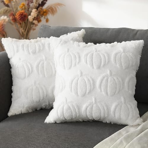 DUZXLCQ Fall Pillow Covers 18x18 inch Set of 2 Fall Decorations Pumpkin Plush Faux Fur Throw Pillow Covers Cushion Case for Autumn Harvest Farmhouse Home Decor for Couch Sofa Home Outdoor White