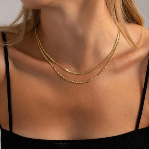 Image of Freekiss Layered Necklace Set for Women Stackable | Herringbone Snake Cuban Rope Chain, Dainty Choker, Layered Stackable, Non Tarnish, Hypoallergenic, Adjustable 14-18.5 inch