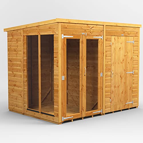 Powersheds Pultdach Sommerhaus kombiniert mit 4-stöckigem Holzschuppen mit Sicherheitsfunktionen, PVC-Fensterbänke, Tür & Fenster anpassbar, aus 12 mm extra dickem Qualitätsholz & gehärtetem Glas