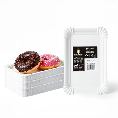 DOMMOS Einweg-Pappteller 50 Stück 13x20 cm Weiß für Grillabende Wanderungen Taufen Partys Geburtstage Pappteller Rechteckiger
