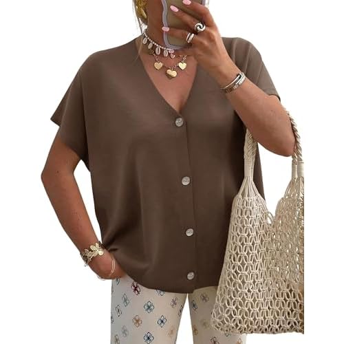 LOMON Oversided Cardigan Sweaters for Women Short Cap Sleeve V-Neck Casual Button Lightweight Knitted Trendy Sweater S-XL Brown Large