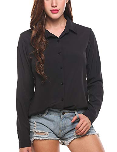 Zeagoo Office Shirts for Women Button Down Blouse Business Casual Long Sleeve Chiffon Tops T-Shirt Plus Size, Solid Black, Large