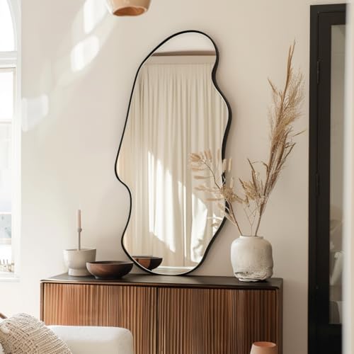 Gluck Plants Irregular Wall Mirror, Large 14x32 Inch Asymmetrical Wave, Black Modern Unique Shape, Frameless Wall Mounted Vanity Mirror for Bathroom, Bedroom, Living Room, Entryway, Fireplace
