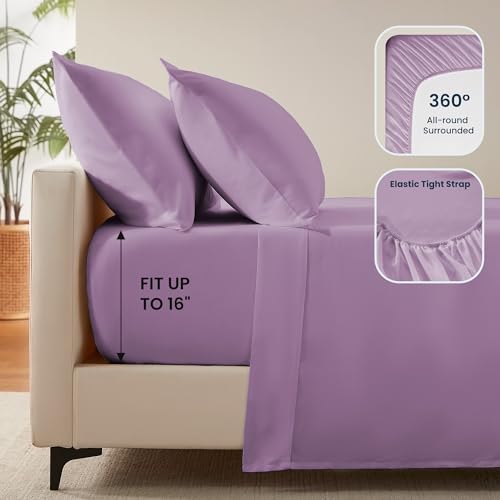 SLEEP ZONE Nanotex Super Soft Cooling King Bed Sheets Set 4 Piece - Easy Care Fitted Flat Sheet & Pillowcase Sets - Wrinkle Free, Fade Resistant, Deep Pocket 16" (Lavender, King)