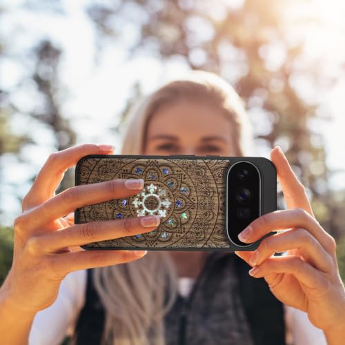 Étui magnétique Pixel 11 en bois de noyer mandalas compatible MagSafe avec incrustation