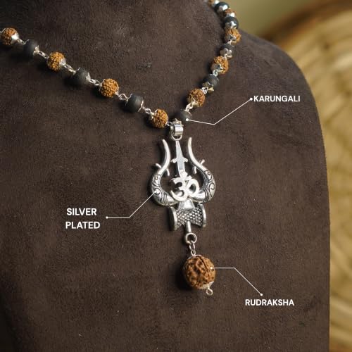 Image of Original Rudraksha & Karungali Mala 8mm 54 Beads with Shiva Trishul Pendant | Authentic Ebony Wood Spiritual Necklace for Protection, Meditation, Focus & Positive Energy | Prayer Mala for Men & Women | Certificate of Authenticity