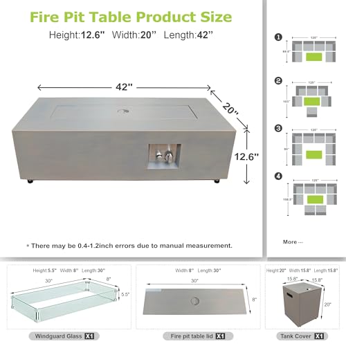 2-Piece 42" LED Rectangular Propane Fire Pit for Outside Patio with Hidden Tank Table, 50,000 BTU Fireplaces with Glass Wind Guard, Lid, Glass Rocks, Cover(Grey w/Warm Light)