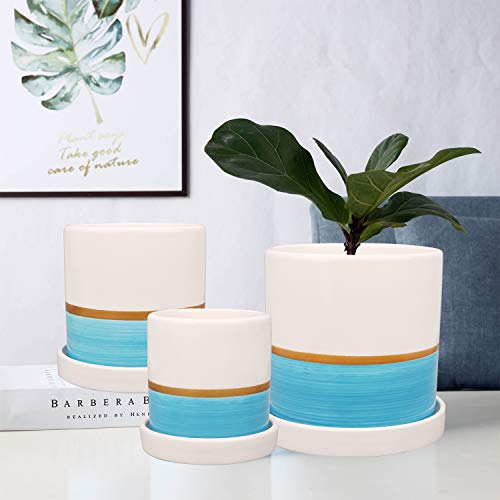 Ufrount Ceramic Planter Pot with Drainage Holes, Succulent Planter Pots Planting Pot Flower Pots for Mini Plant Perfect for Garden, Kitchen, Windowsill - Set of 3 (Blue)