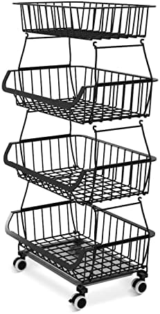 Fruit Vegetable Storage Basket, 4 Tiers Kitchen Stackable Metal Wire Storage Baskets with Wheels Detachable Snack Organizer Utility Rack with Trey for Kitchen, Pantry, Bathroom (Black)