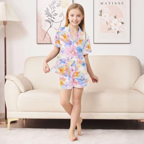 ALAZA Pastel Watercolor Flower Pajamas Satin Pajama Set Short Sleeve Button Down Sleepwear3