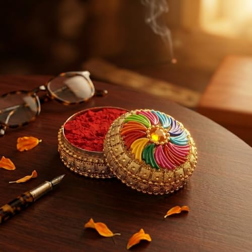 Image of Indian Dark Red Pure Kumkum Powder (Sindoor, Kumkuma, Kum Kum) For Makeup, Pooja And Other Hindu Rituals (Fancy Box 3)
