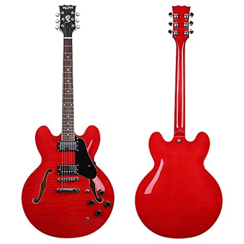 Musoo 335 Style Jazz Electric Guitar, Flame Maple top Semi-Hollow Body, Chromed Hardware Cover