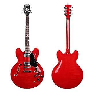 Musoo Guitare électrique jazz style 335, table en érable flammé, corps semi-creux, matériel chromé - Les Beatles, Paul McCartney, John Lennon, RIngo Starr, George Harrison