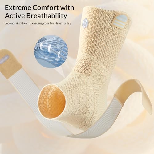 Image of ZOELION Ankle Brace Compression Support with Removable Fishnet Strap, 3D Knit Plantar Fasciitis Relief Achilles Tendonitis Brace, Ankle Compression Sleeve for Pain Relief & Injury Healing, Beige /S