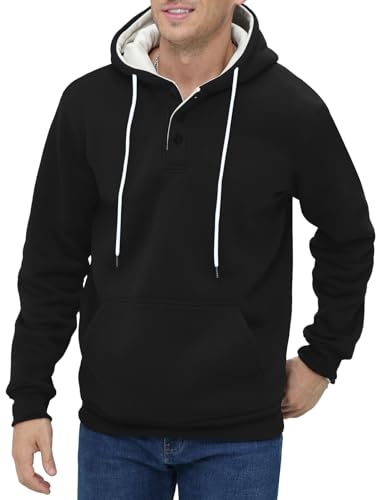 CTU Mens Hoodies Fleece Sweatshirt Plain Hoody Pullover Hooded Button Shirt with Kangaroo Pocket Black L