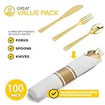 400PCS Pre Rolled Gold Plastic Silverware Sets - Heavy Duty Gold Cutlery - Include 100 Pack Wrapped Disposable Utensils with Napkins for Parties, Dinners & Weddings - Image 4