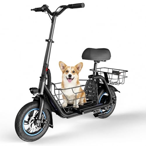 Image of AWWSCOOTER Foldable Electric Scooter for Adults with Seat, Commuter E-Scooter with Dual Storage Baskets for Groceries and Pets