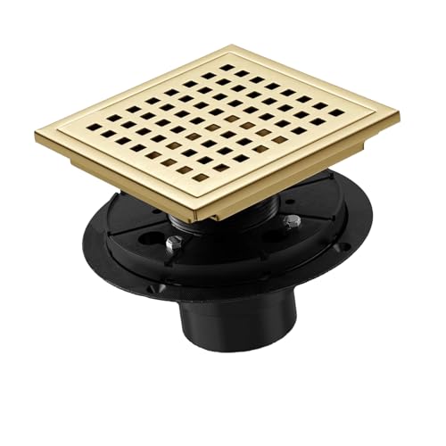 6 Inch Shower Drain, Square Shower Floor Drain Kit with Flange,Removable Grid Cover Hair Catcher,Brushed Gold