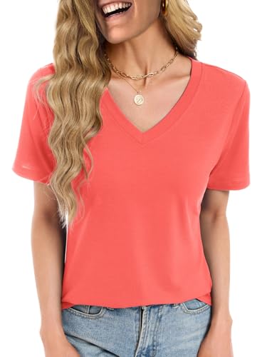 Womens T Shirts Summer Tops Short Sleeve V Neck Dressy Casual Blouses Work Plus Size Tunic Vacation Boho Outfits, Coral Pink S