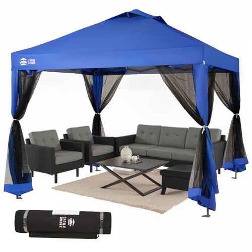 CROWN SHADES Gazebo 10x10 Pop Up Canopy with Mosquito Netting, Screen Tent with 4 Ropes, 8 Stakes, 4 Sandbags and Wheeled Storage Bag, Canopy for Patio & Backyard, Blue