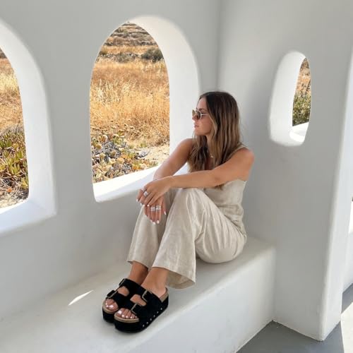 Image of CUSHIONAIRE Guru Platform Sandals Women Footwear - Comfortable Genuine Leather Footbed Studded Chunky Slide Summer Sandals for Women