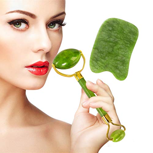 Natural Jade Roller and Gua Sha - 100% Real Natural Jade Roller For Face Massager - Face Eye Neck Beauty Jade Facial Roller for Slimming & Firming, Anti-Aging Therapy (Middle-No Squeaks)