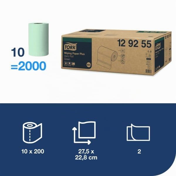 Tork 129255 Carta resistente Universale, sistema W5 per rotoli piccoli, 2 veli, 200 strappi, 10 Rotoli, verde (23 x 27,5 cm)