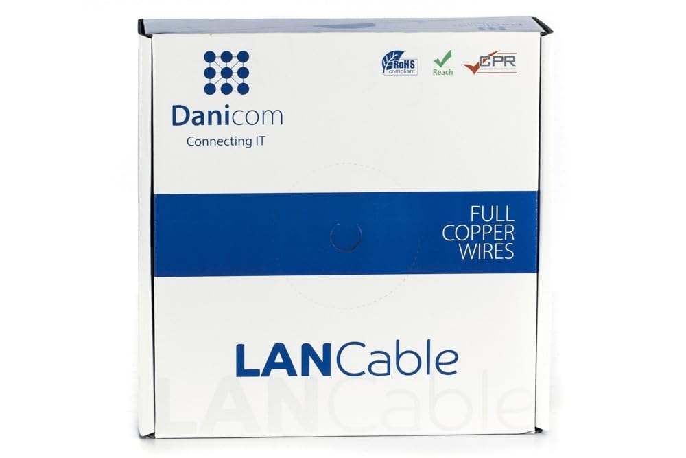 Danicom CAT6A S/FTP 50m câble sur bobine rigide - LSZH (Dca), POE, Ethernet, LAN, câble de raccordement, câble de données, RJ45 - pour armoire de serveur, commutateurs, routeurs, modems !