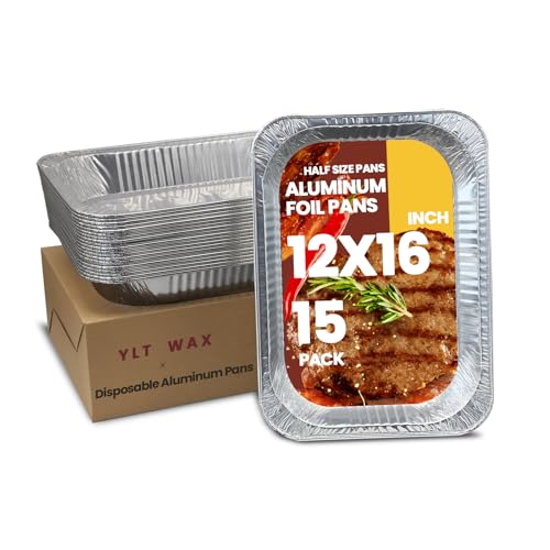 YLT WAX 12x16 Aluminum Foil Pans 15 Pack Disposable Full Size Large Baking Pan for Roasting Restaurants Cooking Heating Buffets