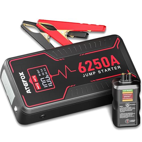 6250A Portable Car Jump Starter Battery Pack with Digital Screen Clamp (Up to 8.5L Gas / 6L Diesel), 88.8Wh Power Bank, 12V Cars SUVs & Trucks Battery Booster Jump Box, 48-Months Stand-by Time 720CCA