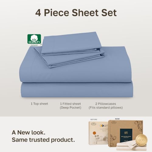 Image of Soft Natural 100% Cotton Sateen Full Size Bed Sheets, 4 Pcs, Blue Hydrangea