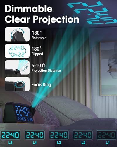 Roxicosly Projection Alarm Clock for Bedroom Ceiling, 118 dB Super Loud for Heavy Sleepers, 6.7" Large Digital Dimmable Display with Day Date Indoor Temp Humidity, Dual Alarms Adjustable Volume - Image 2