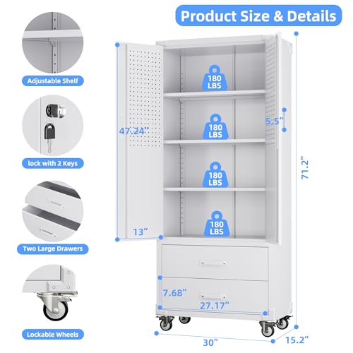 Image of Metal Garage Storage Cabinet with Wheels, 2 Drawers and Pegboard, White