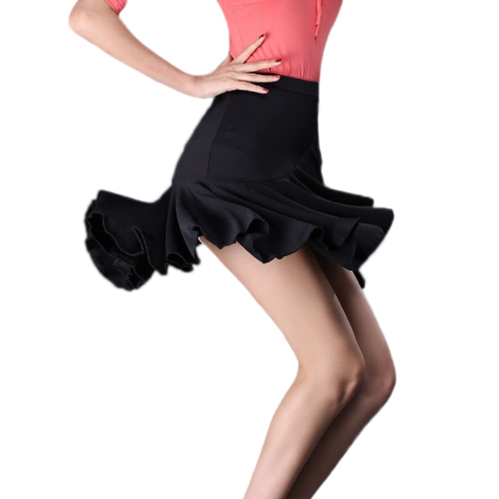 Women Ruffle Latin Dance Practice Skirt for Tango Salsa Rumba Cha Cha Ballroom (X-Large, Black)