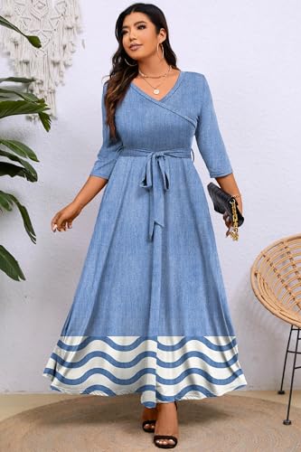 Image of Runwind Plus Size Dress for Women - 3 /4 Sleeve V Neck Maxi Dresses for Women (XL-6XL)