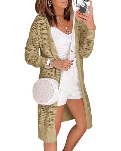 Saodimallsu Womens Crochet Lightweight Cardigans Casual Summer Open Front Boho Knit Long Sleeve Kimonos A-Khaki