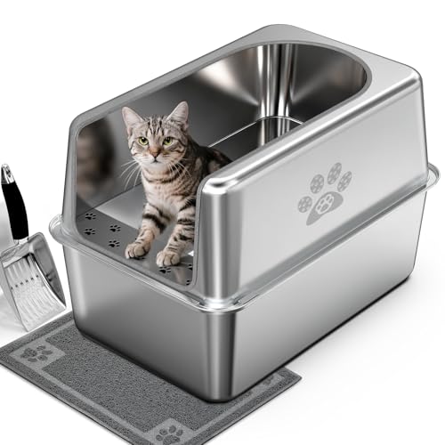 Enclosed Stainless Steel Cat Litter Box with Lid, XL Leak-Proof Metal Litter Box for Big Cats, Extra Large Cat Toilet with High Side, Press-Fit Design, Non-Stick, Odor-Free, with Litter Mat & Scoop
