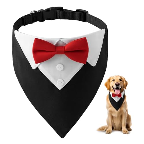 HMCEY Bandana per Cani Formale 36-60 CM,Collare Smoking Cane con Foulard e Papillon,Sciarpa Cravatta Cane Regolabile,Costume Elegante per Animale Domestico per Matrimoni, Compleanni, Festa - Rosso
