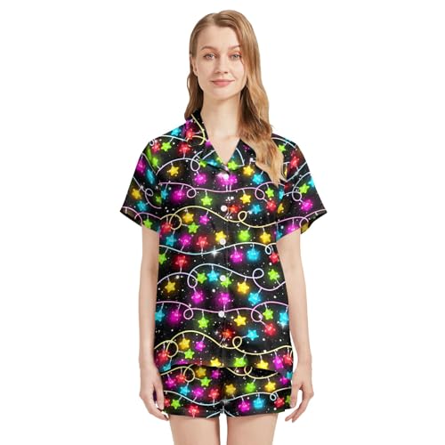 Image of Silk Satin Pajama Set for Women Summer Lounge Pjs Sets 2 Piece Suit Ladies Button Down Tops And Shorts Sleepwear