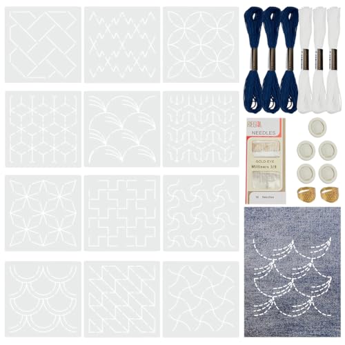 FREEBLOSS 123 Stück Sashiko Schablonen Set Stickvorlagen Set Enthält 12 verschiedene PET Schablonen 72 Nähfaden 32 Nadeln 5 Fingerlinge 2 Fingerhüte Für Handquilting Sashiko Kit Zubehör