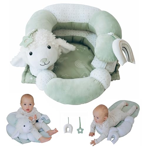 Image of Aila+Aiden 2-in-1 Tummy Time Mat and Seated Support with Sensory Toys – for Newborns and Babies – Includes Detachable Cushion for Supervised Play & Head/Neck Development (Sage)
