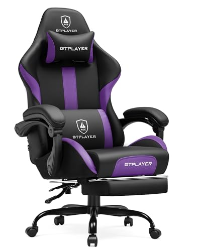 GTRACING Gaming Chair with Foot Rest & Pocket Spring Cushion, Ergonomic High Back Computer Chair with Headrest & 360°-Swivel Seat for Home Office Desk, PU Leather, Purple