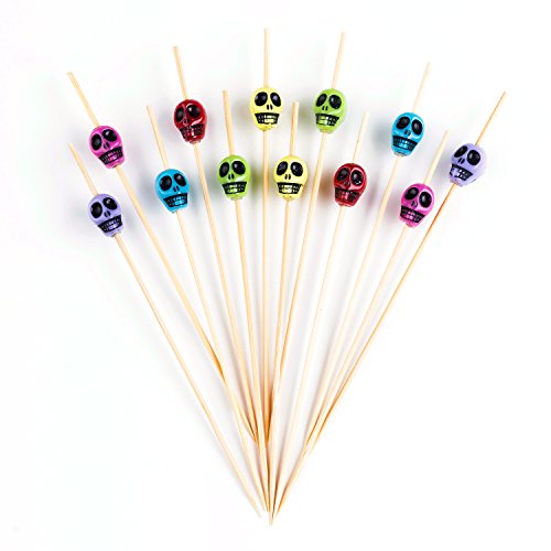 PuTwo Cocktail Picks Handmade Bamboo Toothpicks 100ct 4.7" in Multicolor Skulls