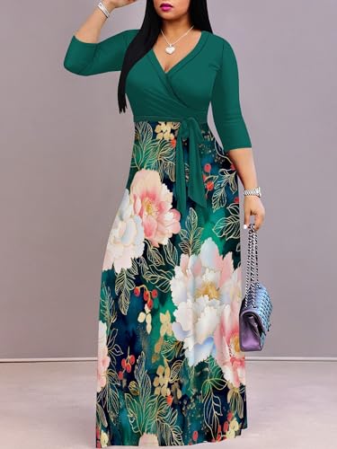Image of SUZONANA Plus Size Dresses for Women Floral Print Maxi Dress Flowy 3 /4 Sleeve with Belt