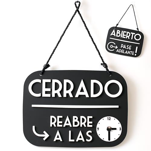 3DP Cartel Abierto Cerrado Vuelvo enseguida con Ventosa - Horario Comercial modificable con dial y manecillas (Negro, Español)