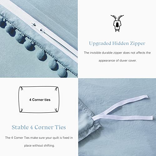 Newspin Duvet Cover Twin Size Pom Pom Fringe Blue,3Pcs Soft Breathable 100% Washed Microfiber Boho Bedding Duvet Cover Set With Zipper Closure,1 Duvet Cover(68"X90") And 1 Pillow Sham(No Comforter) #TOP2