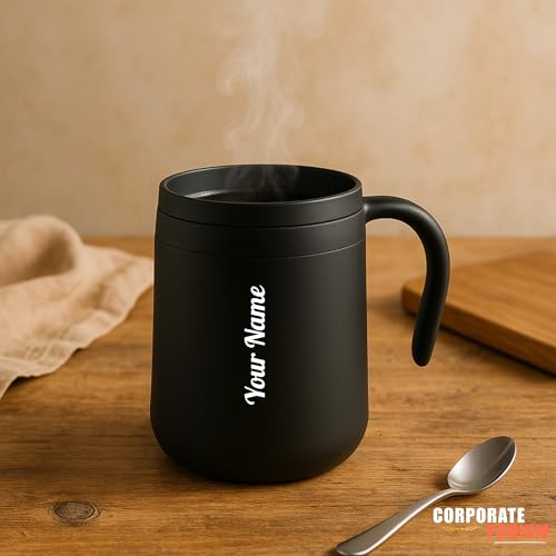 Image of CORPORATE PORIUM Customised Vacuum Insulated Travel Coffee Mug with Lid Keeps Cold for 14 Hours and hot for 8 Hours Hustle-Free Lock System Stainless Steel 350ml-Dark Black | Leak Proof| Thermos Mug