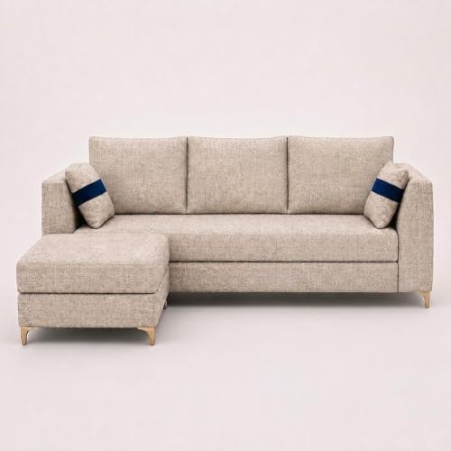 Image of FURNY Signature Cresta 4-Seater L-Shape Sofa Set with Movable Ottoman | Flexible LHS /RHS Layout | Boucle Weave Fabric | 40D Foam + Zigzag Spring | 3-Yr Warranty (Sandstone Beige)