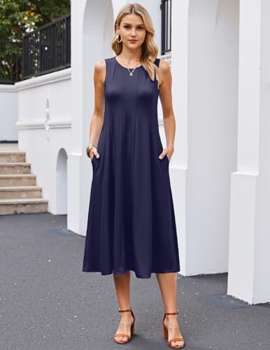 Image of HOTOUCH Summer Casual Dresses for Women Sleeveless Midi Dress Swing Tank Sundress Pleated Tshirt Dress with Pockets